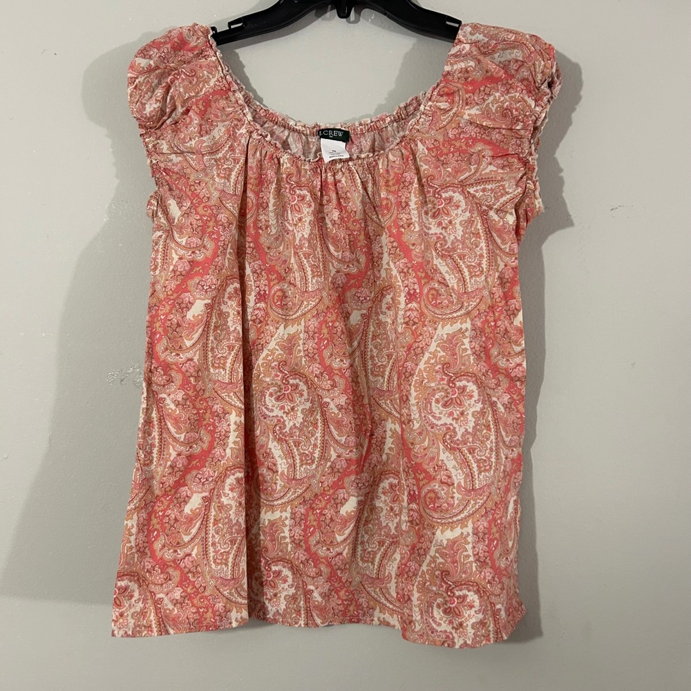 J Crew Paisley Print Off Shoulder Ruffle Cap Sleeve Cotton Blouse Top XS